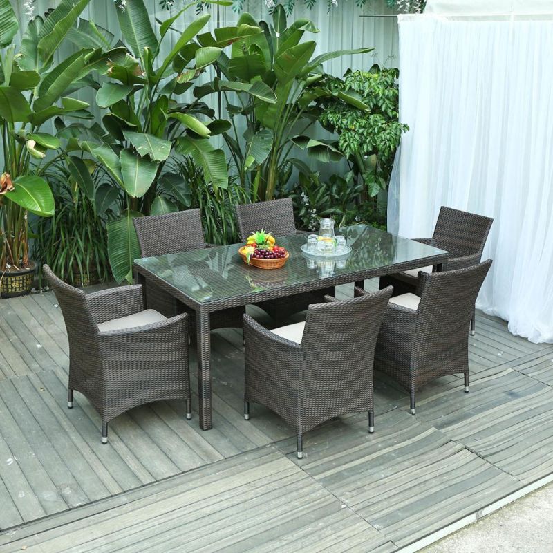 Modern Home Garden Patio Outdoor Rattan Furniture Set Dining Chair Table with Glass Top
