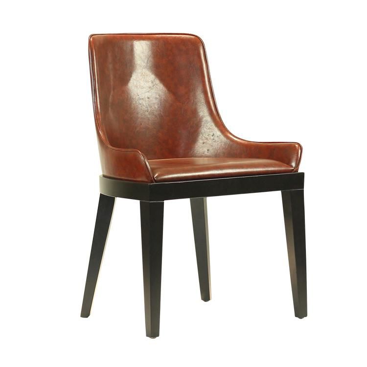 Dark Brown PU Leather Seat Wood Legs Dining Chair for Restaurant Use