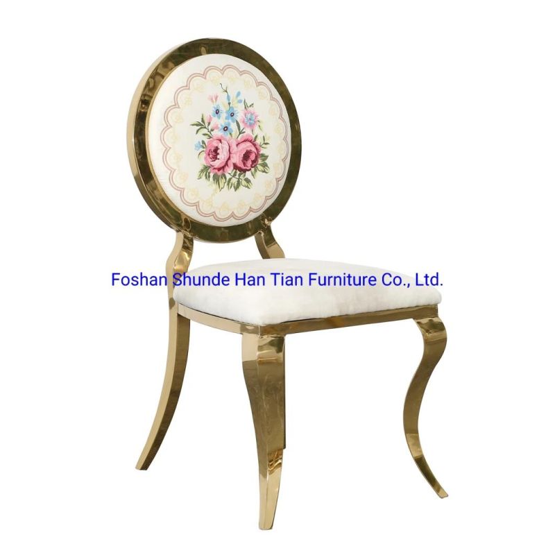 White Cloth and Gold Metal Frame Luxury Round Print Back Hotel Wedding Furniture Garden Chairs