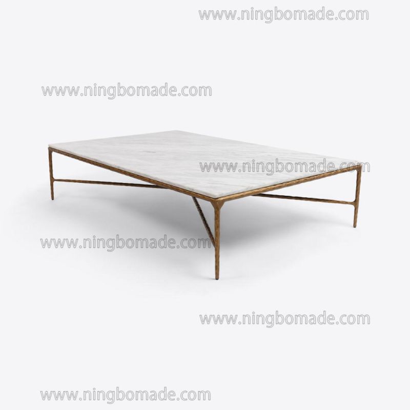 Rustic Hand Hammered Collection Furniture Forged Solid Iron Metal with Brass Color Thick Nature White Cloud Marble Rectangle Coffee Table