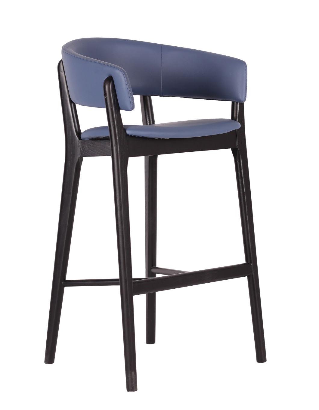 Light Purple PU Leather Seat Black Wooden Legs High Bar Stool for Coffee Shop Use