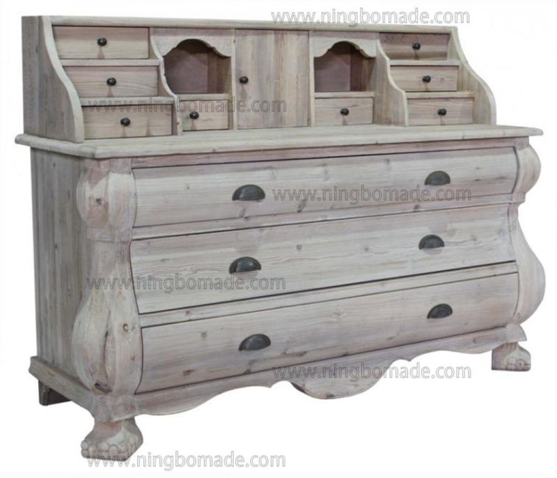 Antique Nordic Classic Furniture Grey Wash Recycled Fir Wood Eleven Drawers Dresser Toilet Table