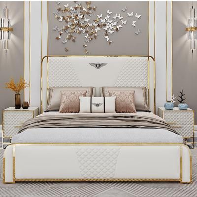 Luxury Bedroom Furniture Modern Upholstered Leather Italian Bed with Storage King Size White Leather Bed
