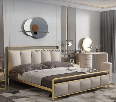 Modern Bedroom Genuine Leather Upholstered Golden Metal Frame Bed