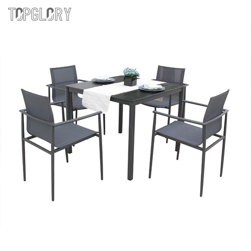 Wholesale Modern Outdoor Furniture Stainless Steel Tube Frame Armrest Design Imported Dining Table and Chair