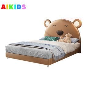 Bear Theme Design Children Bed Simple Leather Bed Boys and Girls Princess Guardrail Slide Soft Bed