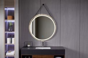 Modern Wall Hanging Aluminum Framed Round Light Bathroom Mirror with Leather Strap