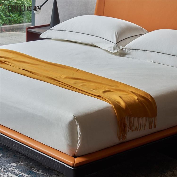 1903 Simple Solid Wood Frame Orange King Size Leather Bed