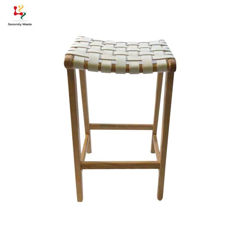 Vintage Country Style Micro Fiber Leather Strap Solid Ash Timber Frame White Ash Wood Stool