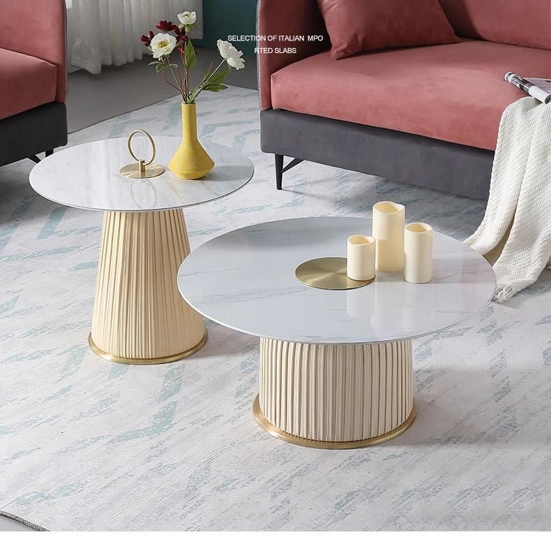 Hotel Furniture PU Leather White Marble Rock Beam Coffee Table