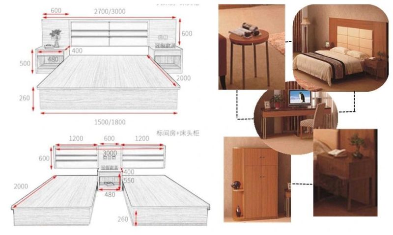 Fashionable Design Computer Desk Bedside Table Frame Combination 5 Star Hotel Bed Room Furniture Set