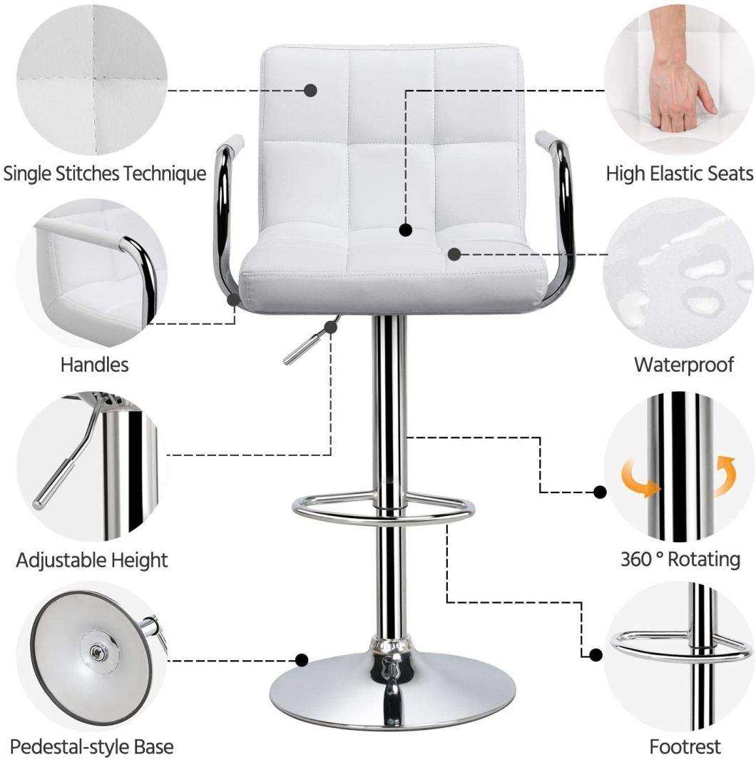 Chair Bar Stools Modern Square PU Leather Adjustable Barstools with Arms and Back Bar Chairs 360° Swivel Stool White