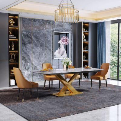 Home Furniture Extendable Steel Tempered Glass Dining Table Marble Top Dining Furniture Set