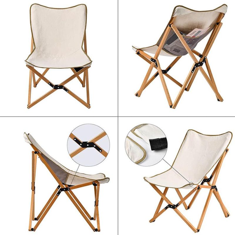 Beach Folding Wooden Butterfly Camping Chair with Leather Logo