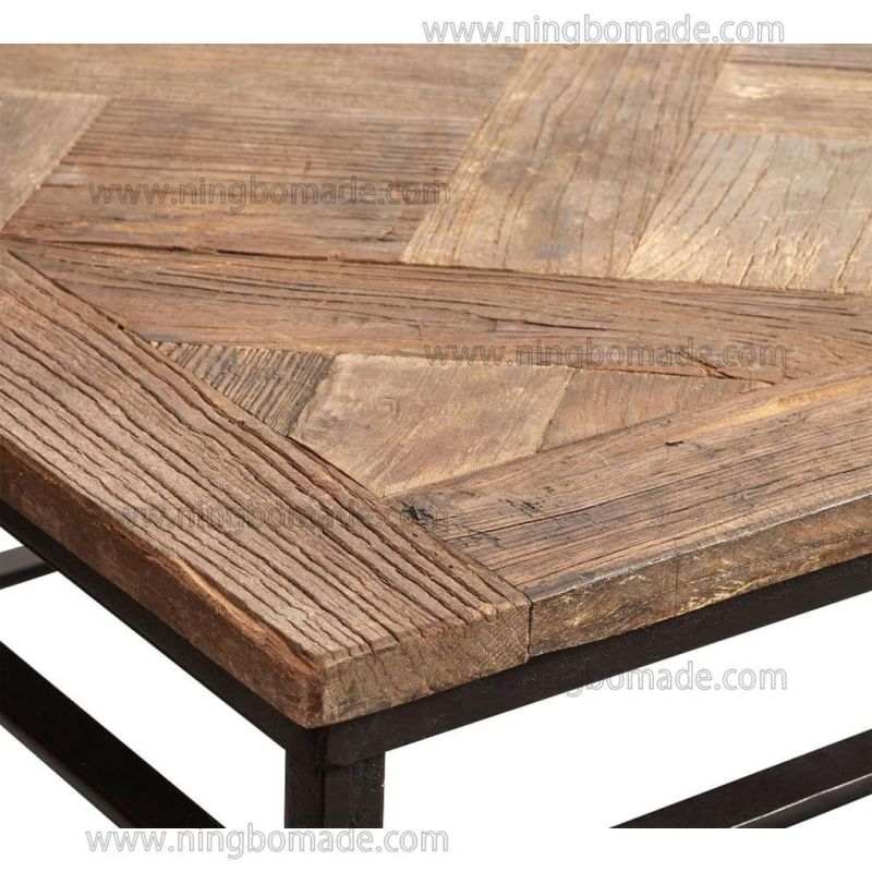 Grained Mosaic Parquet Furniture Natural Reclaimed Elm Top Rustic Black Iron Base Large Rectangular Coffee Table