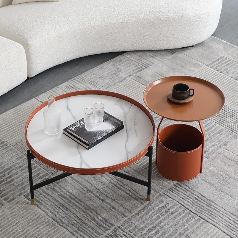 Leather Furniture Orange Marble Sintered Stone Coffee Table Set