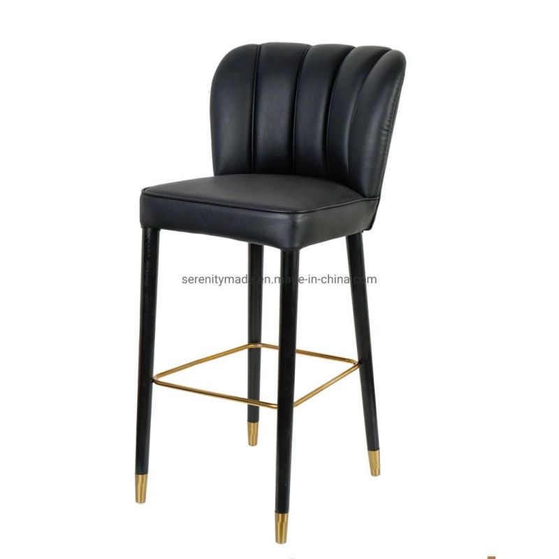Contemporary Black Leather Wood Legs Upholstered Bar Stool Chair