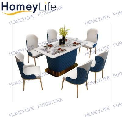 Nordic Design Modern Furniture Marble Dining Table with Gold-Plated Navy Blue Leather Edge Column