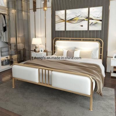 Modern Luxury Golden Metal Frame Leather Upholstered Bedroom Bed