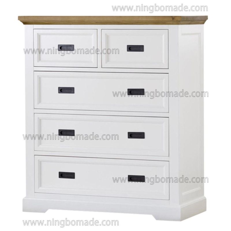 Romantic Rural Interior Furniture Grey Oak Top White Poplar Wood Base 5 Drawers Storage Chest