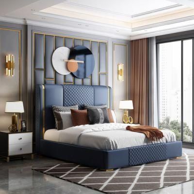 Modern Luxury High Back Blue Leather King and Queen Bed Bedroom Furniture Sets