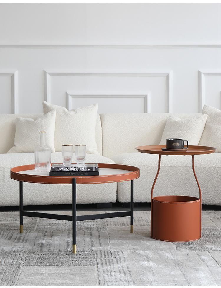 Leather Furniture Orange Marble Rock Plate Coffee Table Set