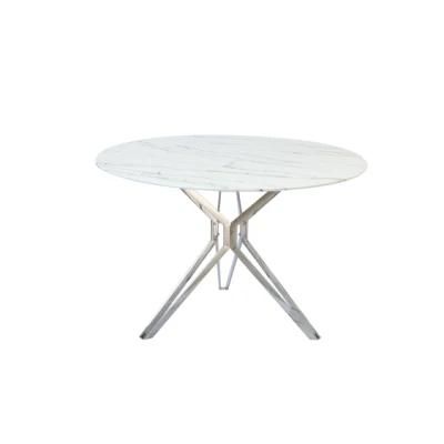 Modern Design Home Coffee Bar Furniture Round Dining Table with Glass Top and Marble Paper and Stainless Frame