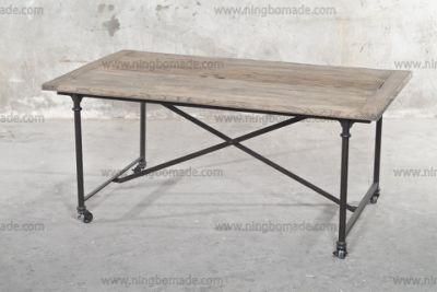 Antique Nordic Country Style Storage Pine Natural Reclaimed Fir Wood with Rustic Black Iron Metal Movable Dining Table