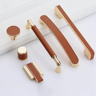 Zinc Alloy + Leather 64 96 128 192mm Cabinets Dresser Cupboard Drawer Rose Gold Brown European Mix Leather Pulls Handles Knobs