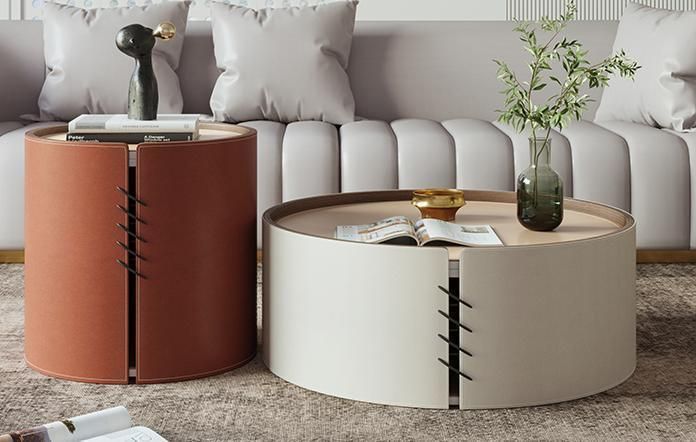 Home Furniture Leather White Marble Rock Plate Coffee Table Set