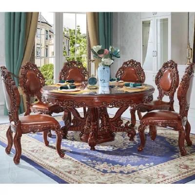 Dining Room Furniture Wood Carved Round Dinner Table with Leather Sofa Chairs in Optional Furniture Color