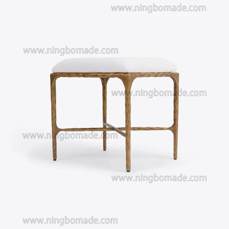 Rustic Hand Hammered Collection Furniture Forged Solid Iron Metal with Brass Color White Line Small Bed End Stool