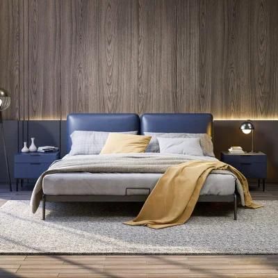 Contemporary European Design Bedroom Furniture Real Leather Upholstered Master Room Bed