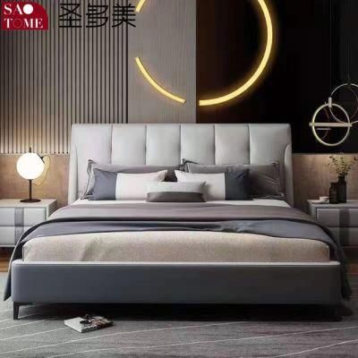 Modern High-End Hotel Bedroom Furniture Dark Grey with off-White Leather Solid Wood Frame Double Bed