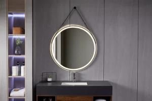 Creative Modern Bathroom Wall Mounted LED Lighted Round Mirror with Leather Strap