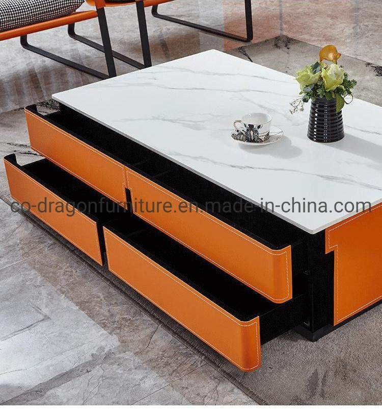 Luxury Living Room Furniture Leather Tea Table with Marble Top