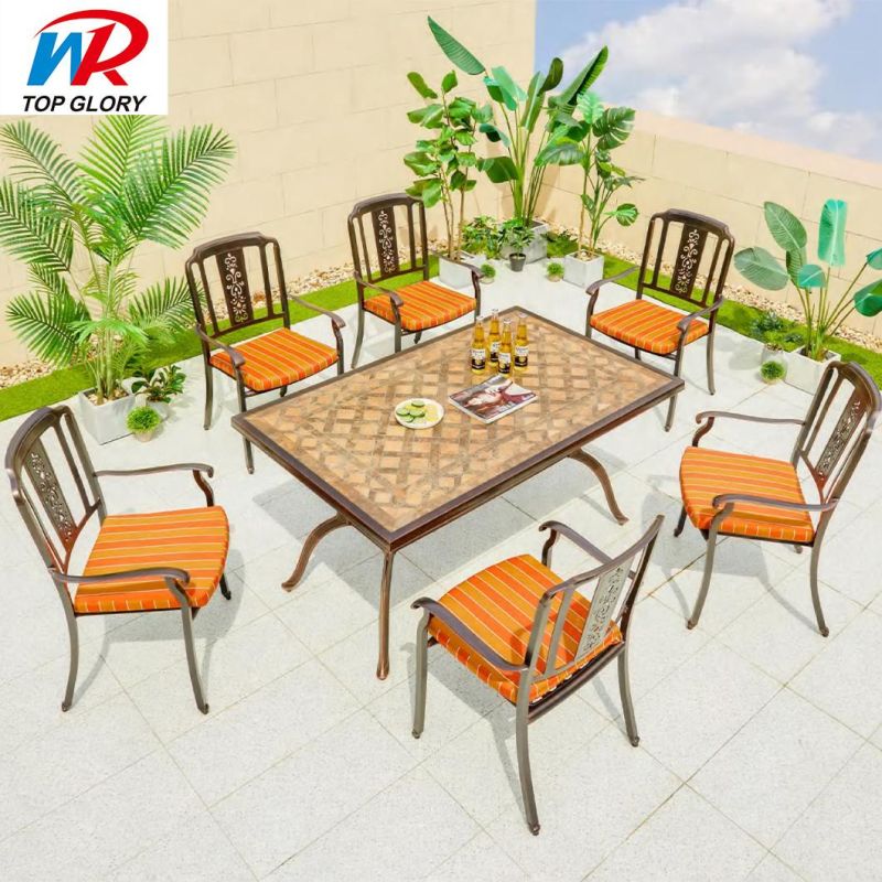 Modern Restaurant Arm Chairs Cast Outdoor Aluminum Rectangular Dining Table Set