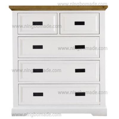 Romantic Rural Interior Furniture Grey Oak Top White Poplar Wood Base 5 Drawers Storage Chest