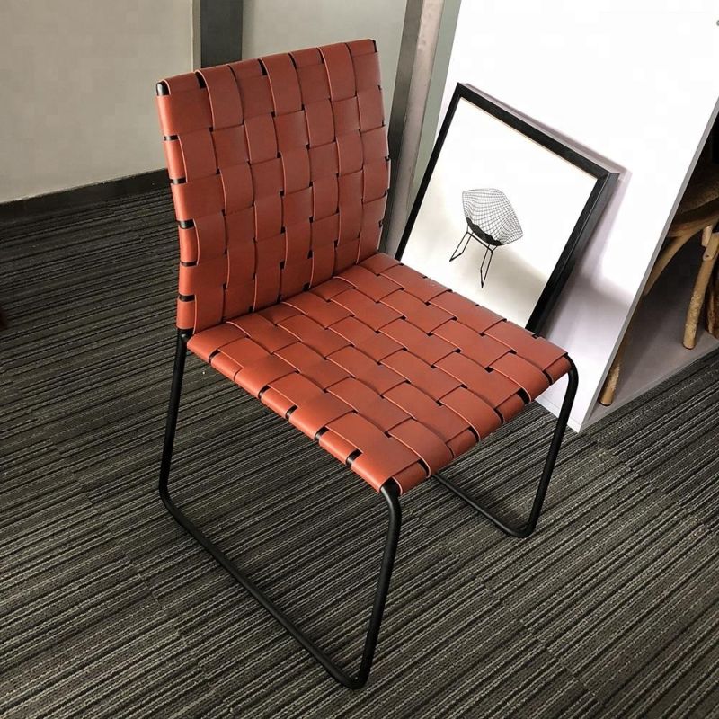 Modern Bonded Leather Woven Metal Legs Dining Chairs
