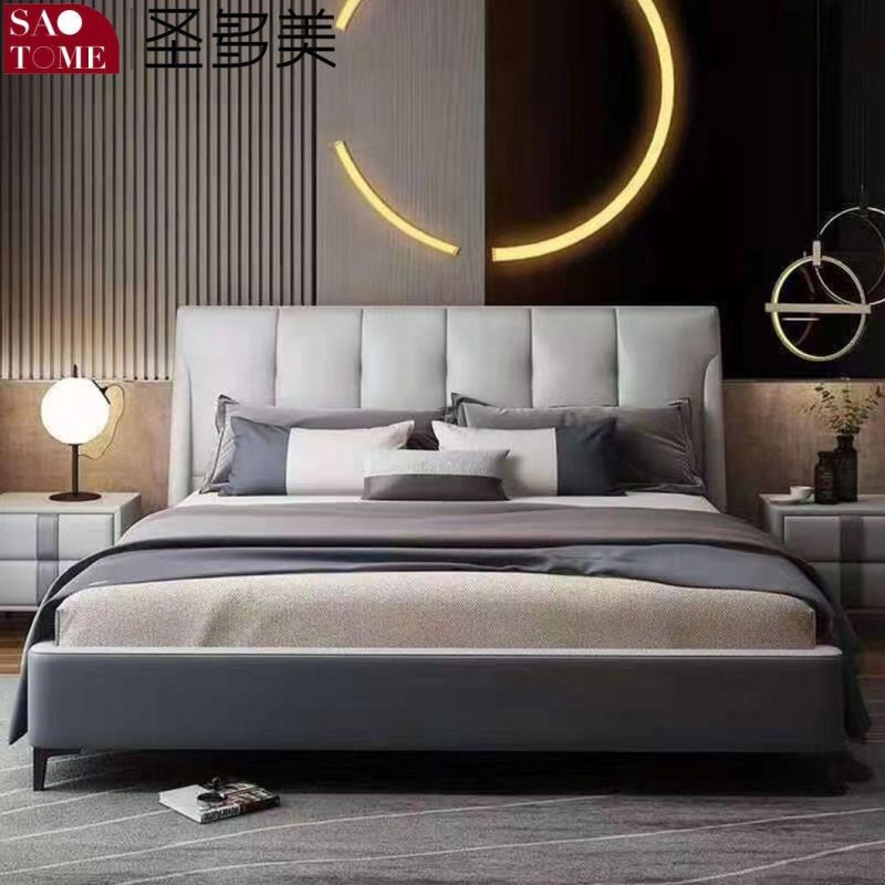 Modern High-End Hotel Bedroom Furniture Dark Grey with off-White Leather Solid Wood Frame Double Bed