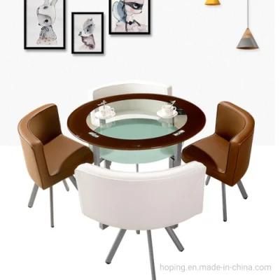 Two Layer Glass Top Dining Table PU Leather Chair Coffee House Square Round Shape Table Set with 4 Chairs