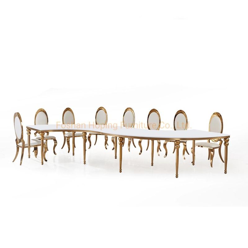 Royal Luxury Golden Hotel Banquet Restaurant Wedding Chair 10 Seter Dining Table Chairs Design Backrest Velvet Cushion Gold Wholesale Stackable Banquet Chair