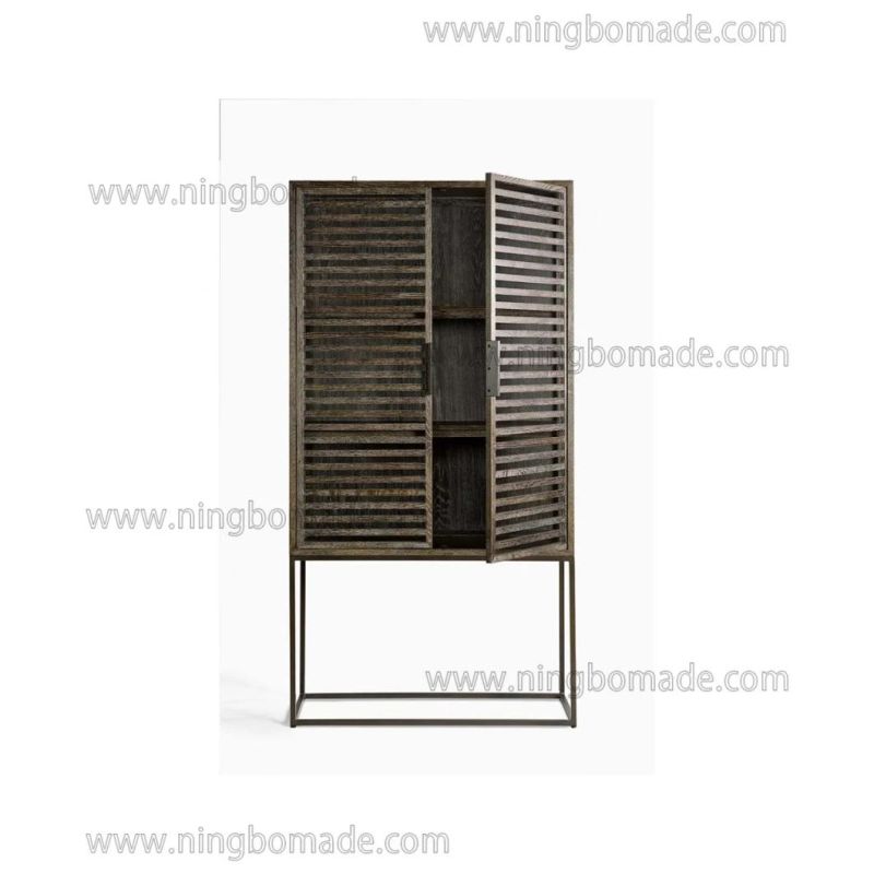 Clean Rectangular Design Furniture Ebony Oak Iron and 2 Louvered Glass Doors Cupboard Cabinet