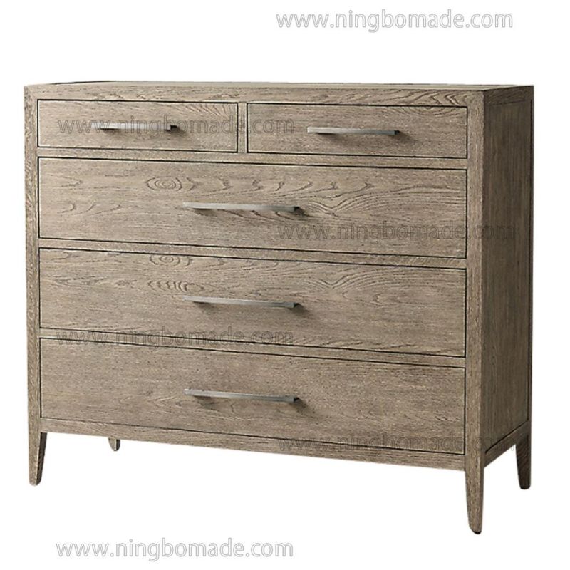 Antique French Eco-Friendly Trend Furniture Brushed Grey American Ash Five Drawers Chest of Cabinet