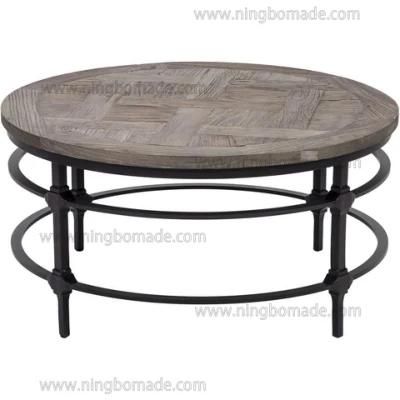 Antique Nordic Country Style Furniture White Reclaimed Elm Panel with Black Round Iron Metal Double Fixed Round Coffee Table