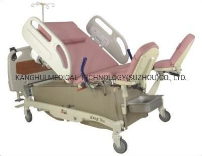 Four Wheels Pink Color Foaming PU Leather Labor Medical Instrument Obstetric Hospital Delivery Bed
