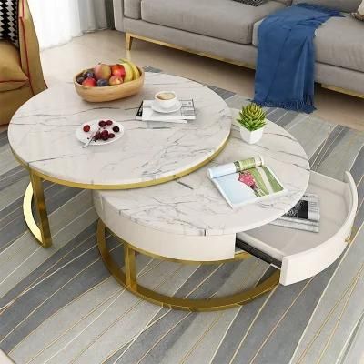 Two Pieces Modern Metal Frame Marble Coffee Side Table for Living Room Hotel