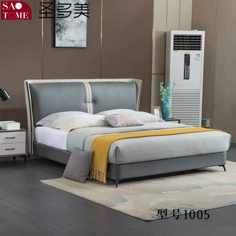 Modern Wood Frame off-White Leather Double Bed