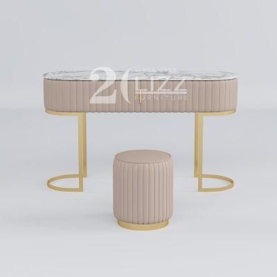 Nordic Minimalist Design Italian Luxury Style Geniue Leather Gold Metal Stool &amp; White Marble Top Dressing Table Set