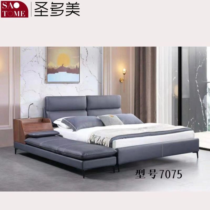 Modern Luxury Hotel Bedroom Furniture Light Grey Leather Double Bed 1.5m 1.8m